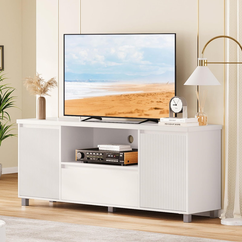 Homhougo Fluted TV Stand White TV Entertainment Center For 60 65 70 Inch TV Wayfair
